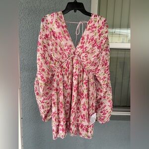 ASOS Floral Long Balloon Sleeves Pleated Whimsical Mini Dress Size 4 V-neck